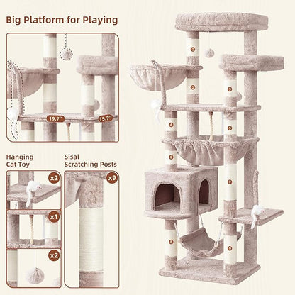Cat Tree, Cat Tower for Large Cats with 2 Big Platforms, 2 Baskets, condo and Toys, 63" Cat Scratching Posts for Indoor Cats, Muchroom GCT020MU