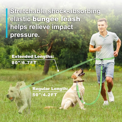 Hands Free Dog Leash, Adjustable Waist Leash for Dog Walking, Dual Bungee Dog 4.2-6.7 Feet Long with Reflective Stitches for Walking Hiking Running, Fits 26"- 43" Inch Waist, Green
