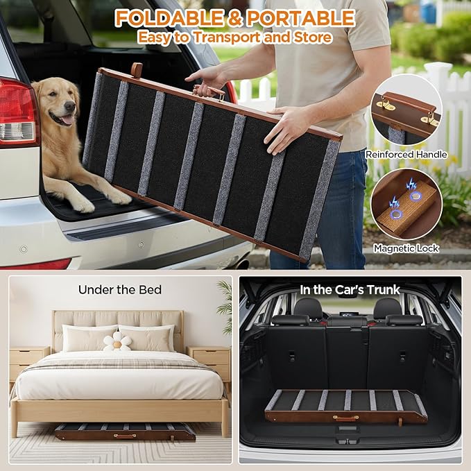 Dog Ramp for Bed, Extra Wide 17", Non-Slip Rubber Surface, Adjustable Folding Pet Ramps for Small & Large Dogs up to 200lbs, Walnut Wood Stairs for Old Dachshund/Labrador to Get on High Couch or Car