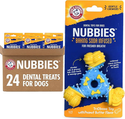 ARM & HAMMER for Pets Nubbies TriBone Dog Dental Toy Best Dog Chew Toy for Moderate Chewers Dog Dental Toy Helps Reduce Plaque & Tartar Peanut Butter Flavor Baking Soda (Pack of 24)