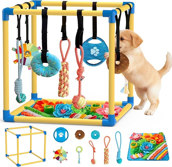 Puppy Play Gym with Snuffle Mat & 8 Hanging Toys Indoor Play Gym Interactive Dog Toys for Boredom Enrichment Activity for Small Dog PVC Frame Stretchy Rope with Velcro (19.6 x 19.6 x 19.6 inch)