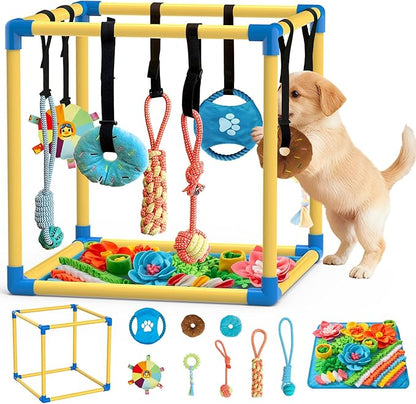 Puppy Play Gym with Snuffle Mat & 8 Hanging Toys Indoor Play Gym Interactive Dog Toys for Boredom Enrichment Activity for Small Dog PVC Frame Stretchy Rope with Velcro (19.6 x 19.6 x 19.6 inch)