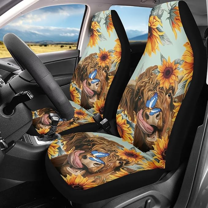 Highland Cow Car Seat Covers Anti Slip Car Seat Covers Front Seats Only Easy to Install and Clean Removable Automotive Accessories Universal Fit for Most Vehicle