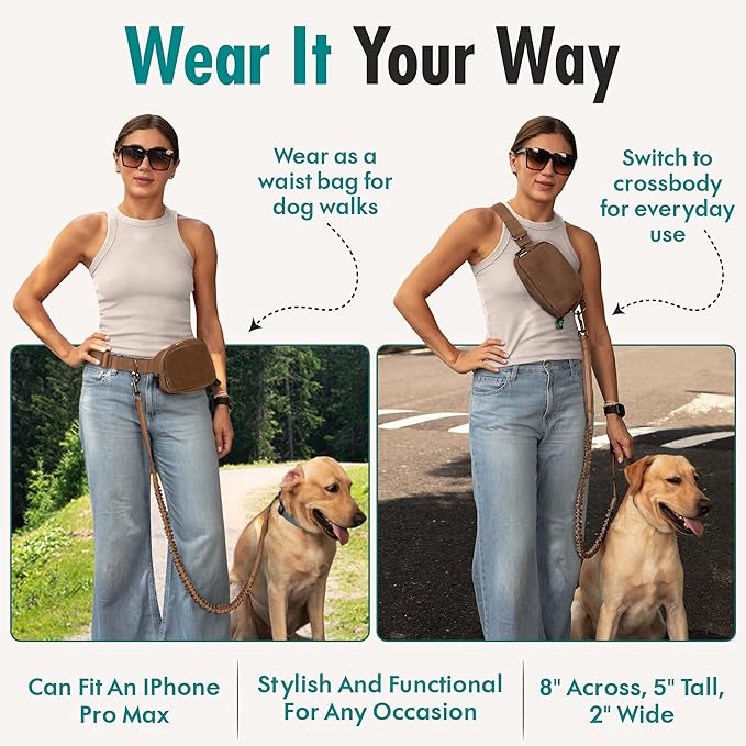 Hands Free Dog Leash with Dog Treat Pouch - Stylish & Trendy Waist Leash for Dog Walking - Wear Around the Waist or Crossbody - Durable & Detachable - Shock Absorbing - Waste Bag Dispenser
