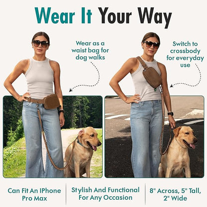 Hands Free Dog Leash with Dog Treat Pouch - Stylish & Trendy Waist Leash for Dog Walking - Wear Around the Waist or Crossbody - Durable & Detachable - Shock Absorbing - Waste Bag Dispenser