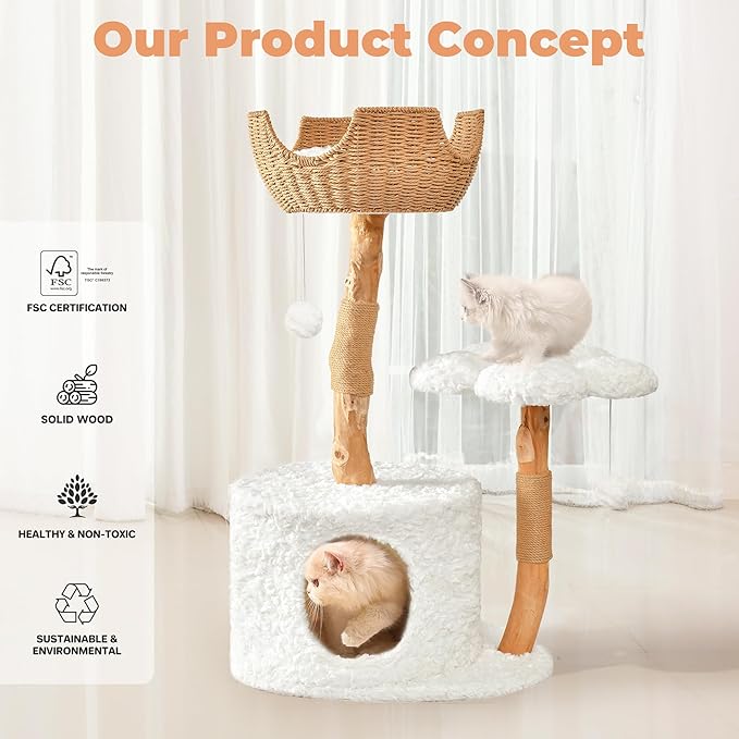 Easyego Modern Cat Tree, 39.3" Aesthetic Wood Cat Tree Tower for Large Cats, Luxury Cat Condo with Scratching Posts and Flower Platforms, Cat Furniture, White