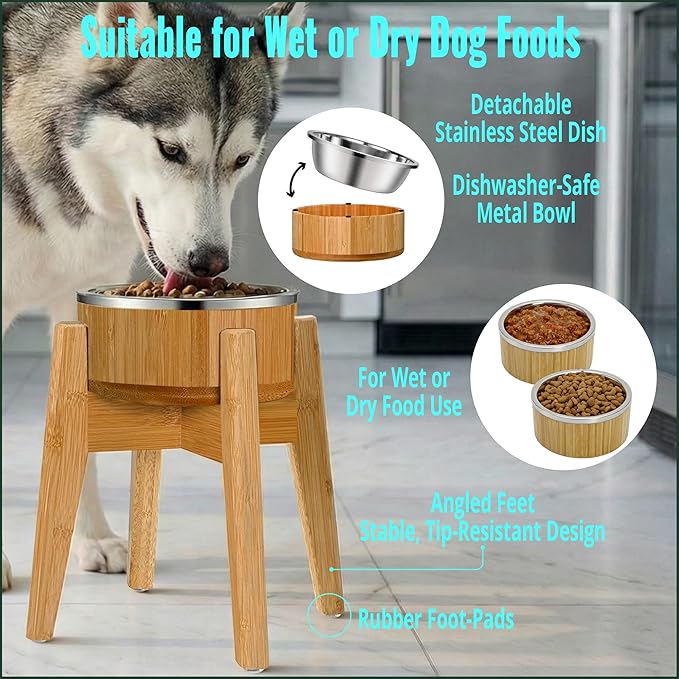 Elevated Dog Bowl for Mid-Large Breed, (12-Inch High) - Raised Food and Water Bowl with Stand, Flip-Resistant - Real Bamboo and Stainless Steel
