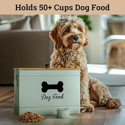 Dog Food Container Airtight 15 lb (50 Cup) Capacity with Metal Scoop - Cute Airtight Dog Food Storage Container with Bamboo Lid - Green Metal Kibble Storage Bin for Dogs up to 100 lbs - Big Pet Jar