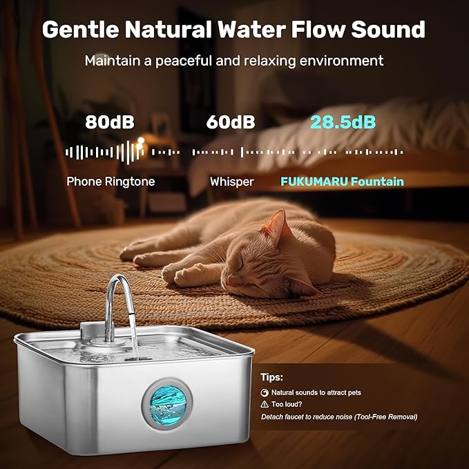 FUKUMARU Dog Water Fountain, 1.8 Gal/7L Stainless Steel Large Pet Fountain for Multi-Pet Households, 2026 Upgraded Ultra Quiet Automatic Water Dispenser with 4-Stage Filtration & 3 Filters, Silver