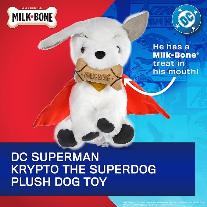 DC Comics Superman Krypto The Superdog Plush Dog Toy – Soft Squeaky Dog Toy with Crinkle Sounds, Cape & Milk-Bone Treat Design, 7.5 Inch