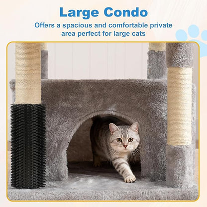 Hey-brother Cat Tree Tower with Extra Large Platform, Spacious Condo, 2 Cozy Hammocks, Self-Grooming Brush, Sisal Scratching Posts for Big Indoor Adult, Maine Coon, 35.4 Inches, Light Gray MPJ060W