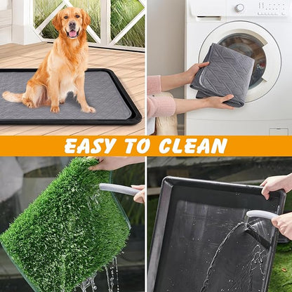 Dog Grass Pad with Tray, 35x23in Dogs Potty Tray with 2-Pack Replacement Artificial Grass and 2 Washable Reusable Pee Pads ,Dog Litter Box for Pet Training,Indoor Portable Pottys Pet Toilet