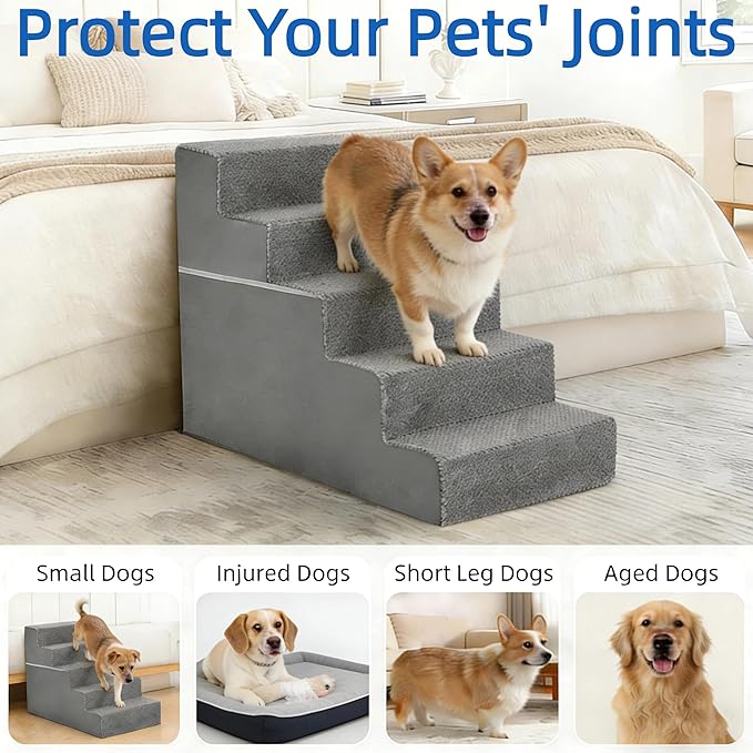 Simple Deluxe Dog Stairs for Small Dogs, 5-Step Dog Step for Puppy, Older Cat, Medium Pet Ramp for Sofa, Couch or Chair, Indoor Non-Slip Pet Ladder with High Density Foam, Gray