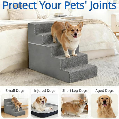 Simple Deluxe Dog Stairs for Small Dogs, 5-Step Dog Step for Puppy, Older Cat, Medium Pet Ramp for Sofa, Couch or Chair, Indoor Non-Slip Pet Ladder with High Density Foam, Gray