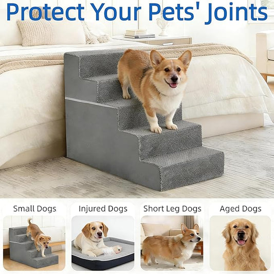 Simple Deluxe Dog Stairs for Small Dogs, 5-Step Dog Step for Puppy, Older Cat, Medium Pet Ramp for Sofa, Couch or Chair, Indoor Non-Slip Pet Ladder with High Density Foam, Gray