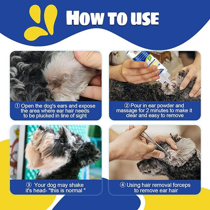 Upgraded Dog Ear Powder with 5.5 Inch Hair Removal Tool, Pet Ear Grooming Cleaner for Wax and Odor Control, Keeps Ears Dry & Soothes Itchiness