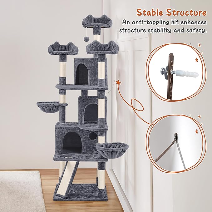 Yaheetech 76.5in Multi-Level Large Cat Tree, Big Cat Tower with 3 Condos, Cozy Plush Perches, 9 Sisal Scratching Posts and Ladder, Activity Center for Large Kitties, Dark Gray