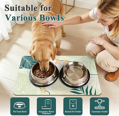 Topotdor Boho Dog Food Mat - Absorbent Quick-Dry Cat Bowl Mat for Food and Water, Non-Slip Pet Feeding Placemat for Messy Drinkers Dog Accessories Pet Supplies, 12"x20", Green