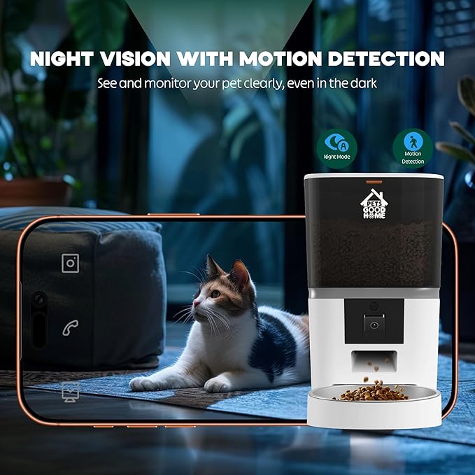 6L Automatic Cat Feeder with Camera – WiFi Smart Pet Feeder for Cats & Dogs, HD Video with Night Vision, App Control, 2-Way Audio, Portion Scheduling – White