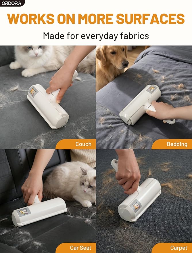 ORDORA Pet Hair Removal Tool: Reusable Lint Roller for Pet Hair - Portable Pet Hair Remover - Dog and Cat Hair Remover for Couch, Bedding, Car, Rugs & Furniture, Eco-Friendly, for Multi-Pet Homes