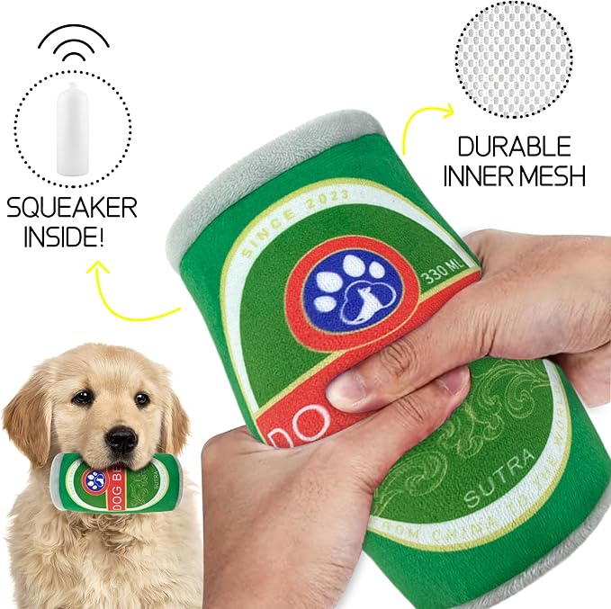 Squeaky Plush Dog Toys 2 Pack - Funny Beer Puppy Toys with Squeaker for Small Medium Large Dogs, Soft Stuffed Chew Toys for Birthday Gifts(Green&Blue)