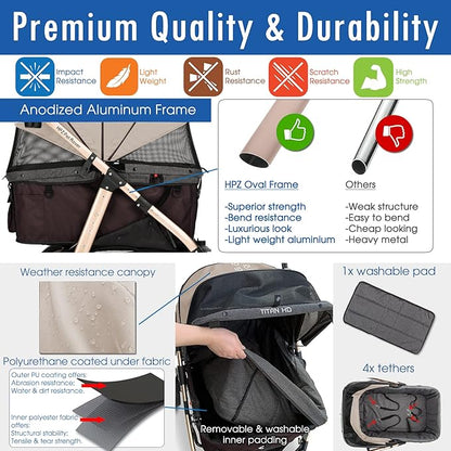 HPZ Pet Rover Titan-HD Premium Super-Sized Dog/Cat/Pet Stroller SUV Travel Carriage/w Access Ramp/100Lbs Capacity/Pumpless Rubber Wheels/Aluminum Frame for Small, Med, Large, XL Pets (Taupe)