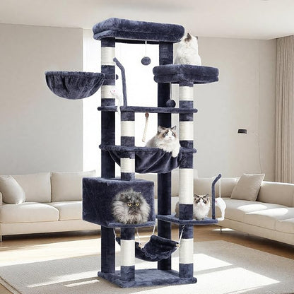 Cat Tree, Cat Tower for Large Cats with 2 Big Platforms, 2 Baskets, condo and Toys, 63" Cat Scratching Posts for Indoor Cats, Smoky Gray GCT020G