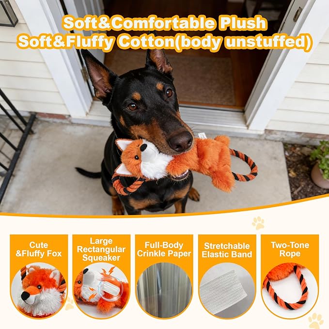 Fox Plush Squeaky Dog Toy with Crinkle Paper Puppy Teething Chew Toy Cute Soft Funny Indoor Outdoor Interactive Tug of War Dog Rope Toy for Small Medium Large Dogs Toy Gift 39.5cm/15.55in