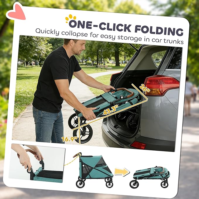 PawHut Dog Stroller for Large Dogs, One-Click Folding 4 Wheel Large Pet Stroller Wagon for Multiple Pets, All Terrain Spring Suspension w/ 8-Position Adjustable Handle, Mesh Window, Up to 66 LBS, Teal