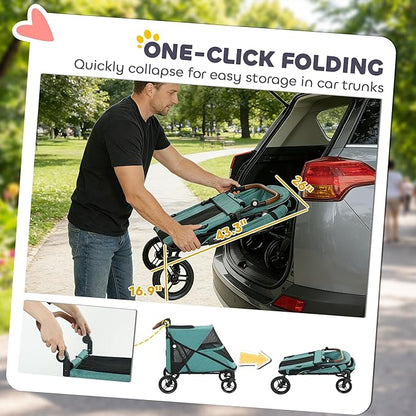 PawHut Dog Stroller for Large Dogs, One-Click Folding 4 Wheel Large Pet Stroller Wagon for Multiple Pets, All Terrain Spring Suspension w/ 8-Position Adjustable Handle, Mesh Window, Up to 66 LBS, Teal