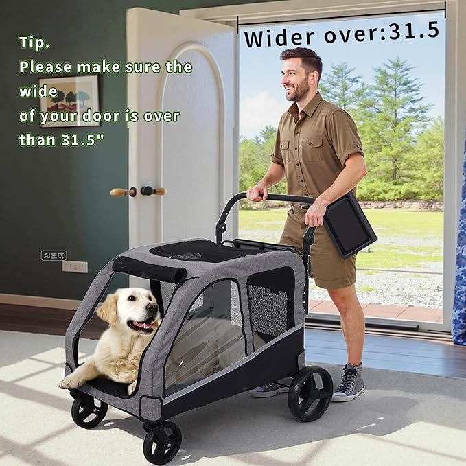 Large Dog Stroller for Medium/Large Dogs up to 130 lbs, Foldable Pet Stroller with 4 Wheels, Adjustable Handle, Heavy Duty Dog Carriage for Senior, Disabled, Injured Pets, Grey