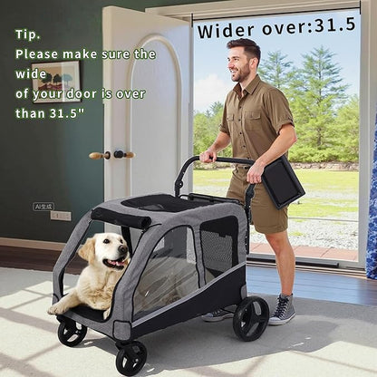 Large Dog Stroller for Medium/Large Dogs up to 130 lbs, Foldable Pet Stroller with 4 Wheels, Adjustable Handle, Heavy Duty Dog Carriage for Senior, Disabled, Injured Pets, Grey