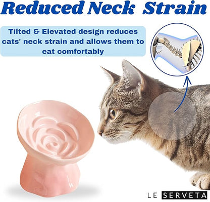 Elevated Ceramic Cat Bowl, Tilted Slow Feeder Pet Dish with Gradient Color Coating, 3.3 Ounces Capacity, Anti-Gulping Design with Rose Bouquet Design (Gradient Pink)