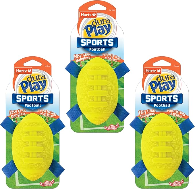 Hartz Dura Play Sports Football Dog Toy, Bacon Scented Squeaky Latex Yellow & Blue Toy, 3 Count