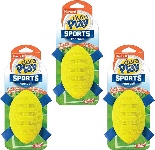 Hartz Dura Play Sports Football Dog Toy, Bacon Scented Squeaky Latex Yellow & Blue Toy, 3 Count