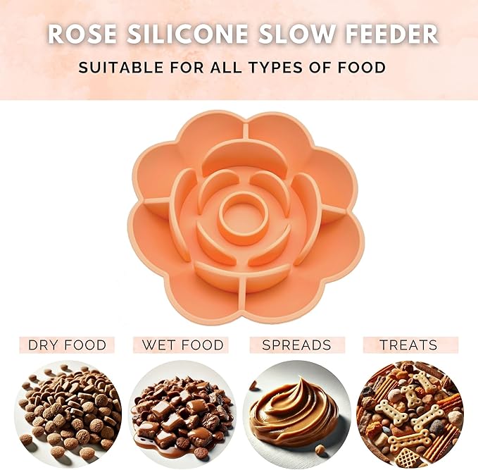 Rose Slow Feeder Dog Bowl for Medium & Large Dogs, Silicone Anti-Gulping Dog Feeder with Suction Base, Non-Slip Slow Eating Design (Orange)
