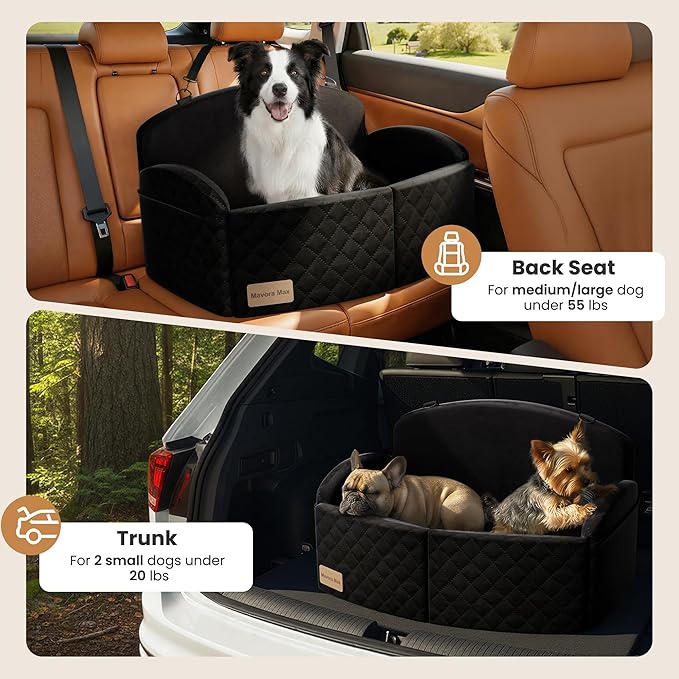 Dog Car Seat for Medium/Large Dogs, Memory Foam Dog Booster Seat with Thick Cushion up to 55 lbs or 2 Small Dogs, Travel Pet Car Seat with Detachable Washable Cover, 2 Safety Leashes (Black/Black)