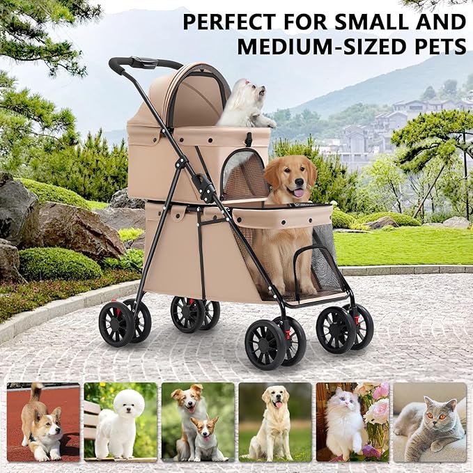 Double Pet Stroller for Medium Small Dogs and Cats with 2 Carriage, Durable Universal Wheels with Brakes Lightweight One Hand Foldale Kittens Puppies Travel Strolling Cart (Brown)