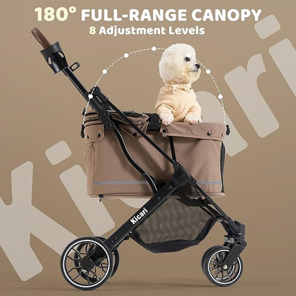 All-Terrain Dog Stroller for Small to Medium Dogs, Pet Stroller for Dogs & Cats Outdoor Walks, One-Hand Easy Fold, Double-Layer Anti-UV & Waterproof Canopy & Breathable Mesh, Mocha Brown
