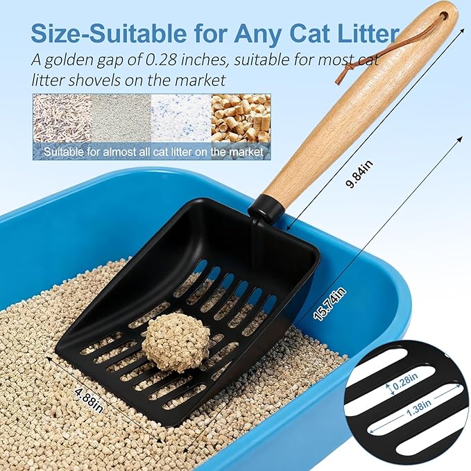 Cat Litter Scoop, Metal Litter Scoop, Heavy Duty Metal Cat Scooper for Litter Box, Black Sifter Scoop for Pellets, Wooden Handle Scoop with Hole, Kitty Necessity (Long)