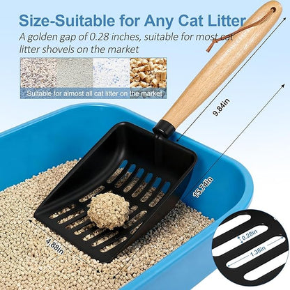 Cat Litter Scoop, Metal Litter Scoop, Heavy Duty Metal Cat Scooper for Litter Box, Black Sifter Scoop for Pellets, Wooden Handle Scoop with Hole, Kitty Necessity (Long)