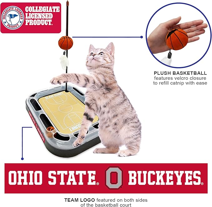 NCAA OHIO State Buckeyes 6-in-1 REVERSIBLE Basketball Court Felt/Cardboard Cat Scratcher Toy & Interactive Cat Ball Bell