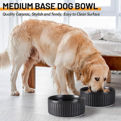 Non-Slip Ceramic Dog Bowls,8" Dog Food and Water Bowl Set with Silicone Base, 64oz/8cups Weighted Flip-Proof Pet Feeding Bowl for Medium and Large Dogs (Large,Black)