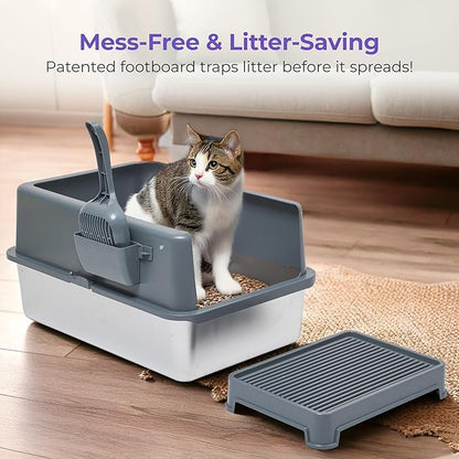 iPrimio Premium XL Stainless Cat Litter Box with Enclosure, 1 Scooper and Elevated Litter Mat - Durable, Easy to Clean and High Sides Cat Box with Step Scoop - Scratch and Bite Proof - Dark Grey