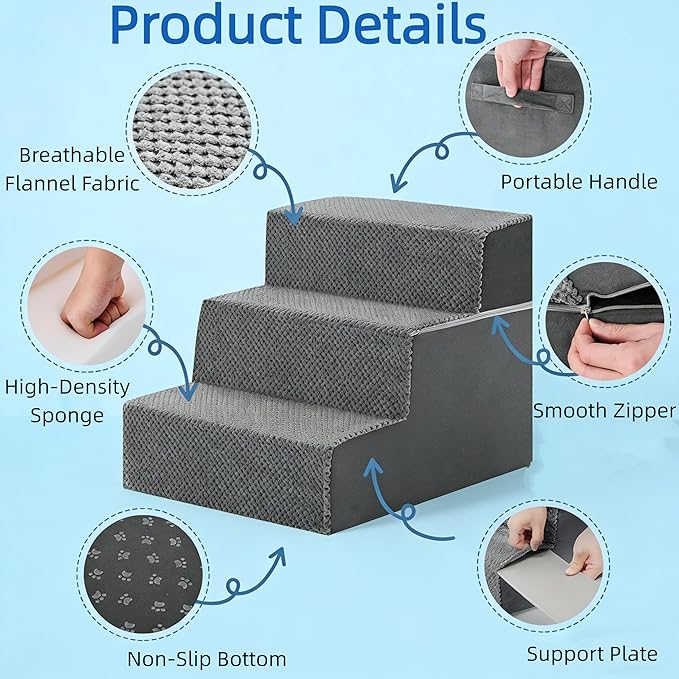 Simple Deluxe Dog Stairs for Small Dogs, 3-Step Dog Step for Puppy, Older Cat, Medium Pet Ramp for Sofa, Couch or Chair, Indoor Non-Slip Pet Ladder with High Density Foam, Gray