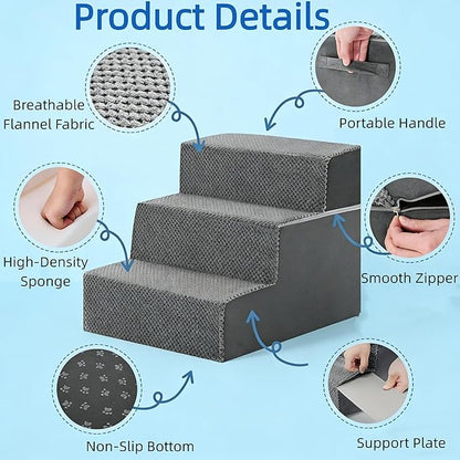 Simple Deluxe Dog Stairs for Small Dogs, 3-Step Dog Step for Puppy, Older Cat, Medium Pet Ramp for Sofa, Couch or Chair, Indoor Non-Slip Pet Ladder with High Density Foam, Gray