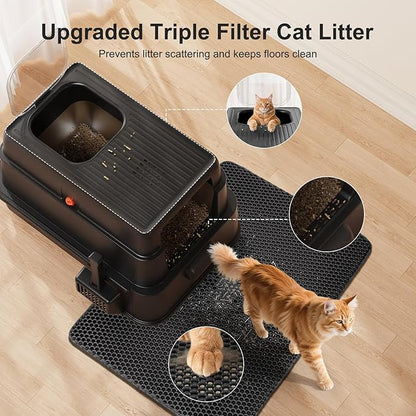 FURTIME Stainless Steel Litter Box with Lid, XL Extra Large Cat Litter Box for Big Cats, Enclosed Drawer Metal Litter Boxs with High Sided, Include Scoop & Mat, Front & Top Entry, Odor Free, Non-Stick