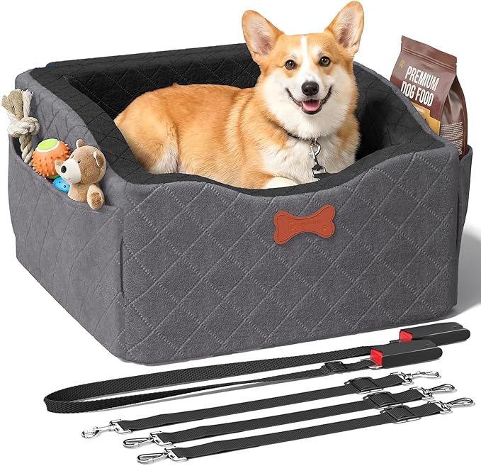 Dog Car Seat for Small Medium Dogs, 6" Elevated Booster Seat with ISOFIX Safety Fixation, Washable Cover & High Density Memory Foam, Portable for Car Front/Rear/Trunk Home Outdoor Use (Charcoal Gray)
