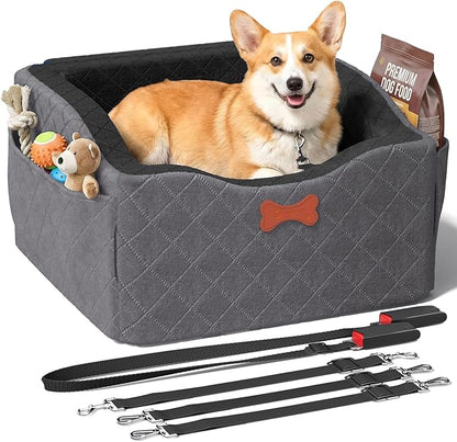 Dog Car Seat for Small Medium Dogs, 6" Elevated Booster Seat with ISOFIX Safety Fixation, Washable Cover & High Density Memory Foam, Portable for Car Front/Rear/Trunk Home Outdoor Use (Charcoal Gray)