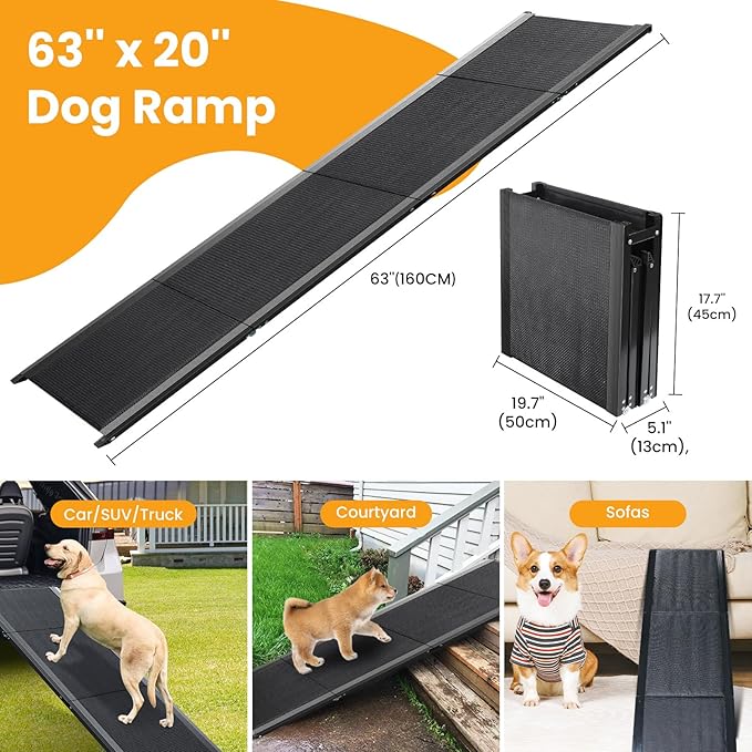 Dog Ramp, Folding Dog Ramp for Car Extra Wide 63''x20'', Dog Car Ramp with Non-Slip Surface, Outdoor Pet Ramp for Large Dogs to Get on Car Truck SUV Van Up to 250LBS, Car Ramp for Dogs
